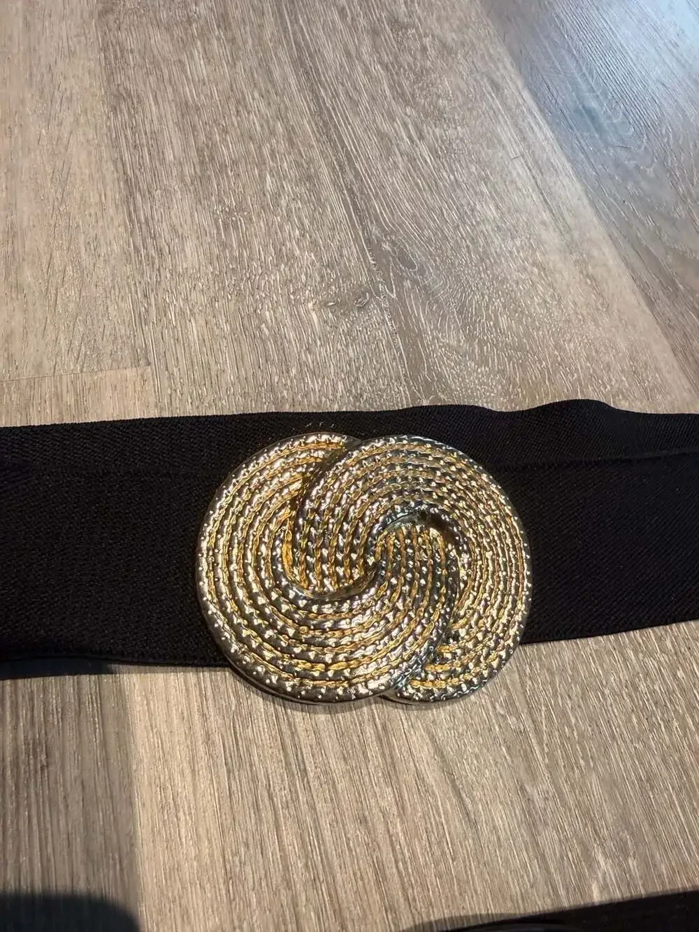 Set of 2 Women Black Elastic Stretch Waist Belts with Gold and Patent Buckles